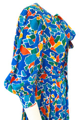 Spring 1983 Yves Saint Laurent Silk Multi Color Print on Blue Dress