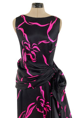 Fall 1985 Unlabeled Ady Couture for YSL Black Silk Hip Swag Dress w Pink Bow Print