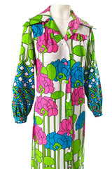 1970s Lanvin Mod Op Art Oversized Floral Print Jersey Shirt Dress
