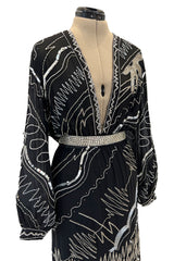Sexy 1982 Fabrice Simon Black Densely Beaded Silk Chiffon Dress w Plunge Front