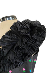 1970s Louis Mies Couture Level Black Silk Taffeta Dress w Embroidered Flowers & Ruffled Detailing