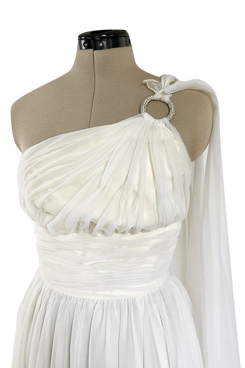 Prettiest 1960s Kiki Hart One Shoulder White Chiffon Dress w Full Skirts & Cascading Panel