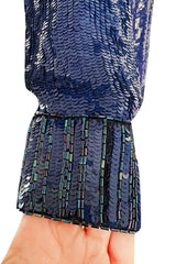 Fall 1985 Yves Saint Laurent Densely Covered Blue Sequin Top w Beaded Ribbing