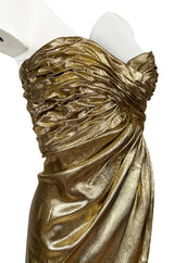1970s Robert David Morton Gold Lame Strapless Gathered Bodice Dress