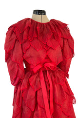 1980s Unlabeled Nina Ricci by Girard Pipard Haute Couture Red Silk & Net Leaf or Petal Dress