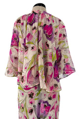 Spectacular 1930s Pink Tulip Printed Bias Cut Silk Chiffon Floral Print Dress w Caped Back