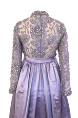 1960s George Halley Couture Lavender Silk Satin Dress w Heavily Detailed Crystal & Rhinestone Bodice