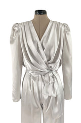 Amazing 1980s Flora Kung Pale Silver Satin Jumpsuit w Plunge Neckline & Tie Waist