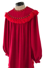 Runway Fall 1977 Yves Saint Laurent Red Wool Smock Dress w Fringe Yarn Detail