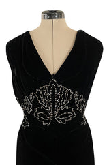 Rare 1920s 1930s Unlabeled Silk Velvet Dress w Rhinestones & Matching Open Shoulder Jacket