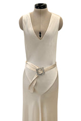 Beautiful 1930s Ivory Hammered Silk Satin Bias Cut Dress w Original Jacket & Belt