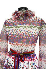 1970s Mollie Parnis Balloon Sleeve Confetti Print Silk Twill & Silk Chiffon Dress w Ruffled Collar