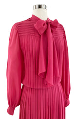 1970s Louis Feraud Haute Couture Hand Pleated Pink Silk Chiffon Day Dress w Bow