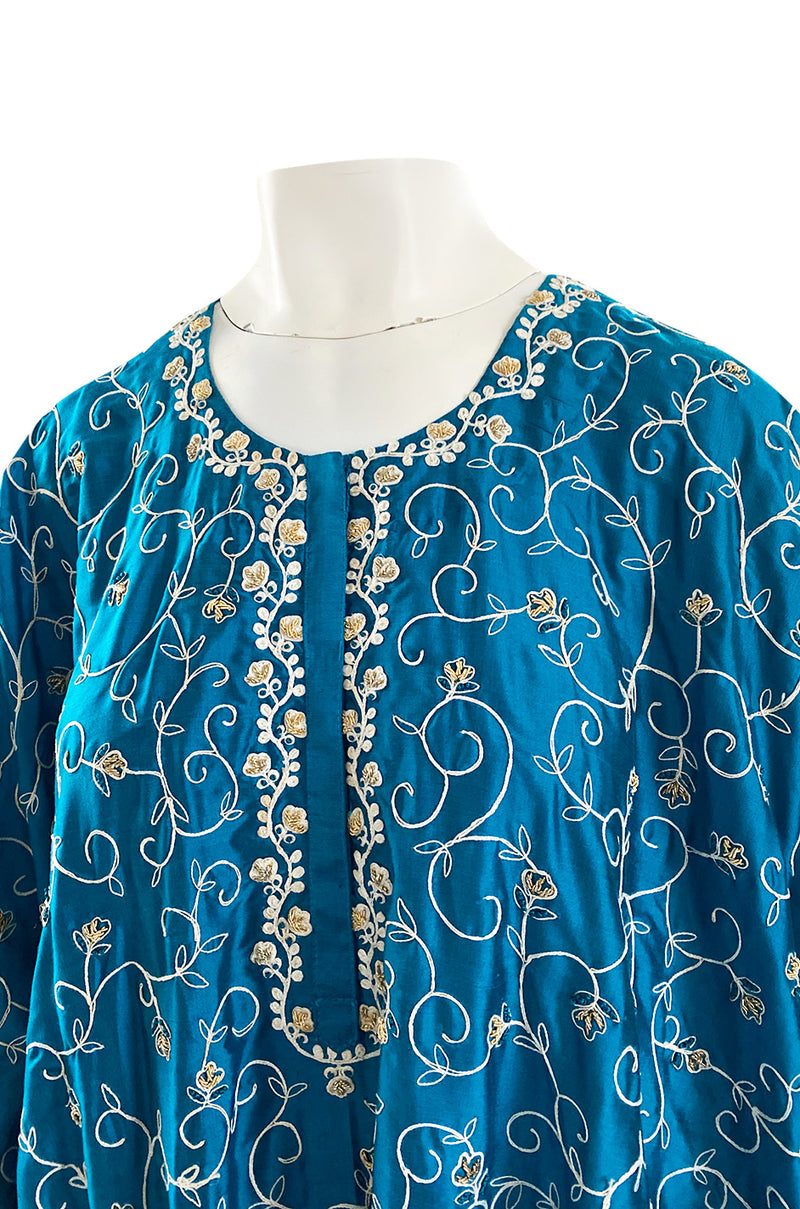 1970s Elaborately Embroidered Deep Turquoise Blue Silk Caftan Dress