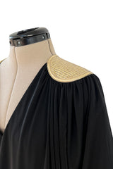 Easy to Wear 1980s Bill Tice Black Jersey Caftan Feel Dress w Gold Shoulder Detail
