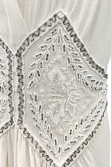 Gorgeous 1930s Off White Moss Crepe Dress w Hand Beaded 'Belt' Detailing