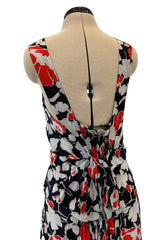 Stunning 1930s Coral, Black & Pale Grey Floral Silk Print Bias Cut Backless Dress