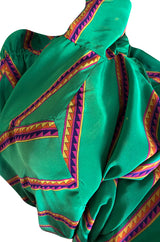 1970s Pauline Trigere Green Striped Silk Dress w Unusual Sleeves
