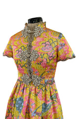 Exceptional 1968 Oscar de la Renta Documented Metallic Silk Brocade Dress w Silver Cording Detail