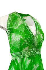 1960s Victoria Royale Green & White Print Silk Chiffon Beaded Dress