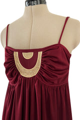 Fantastic 1980s Bill Tice Burgundy Jersey Halter Dress w Metallic Gold Inset