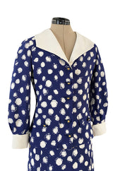 Spring 1977 Chanel Haute Couture Blue & White Silk Suit w Removable Collar