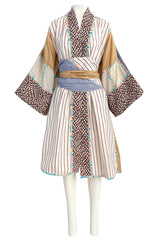 1980s Koos Van Den Akker Patchwork Collage Wrapped Cotton Coat or Dress w Wide Sash
