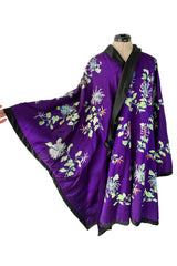 Outstanding 1920s Brilliant Floral Embroidered Rich Purple Silk Cape Cut Flapper Coat
