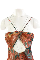 Documented 1976 John Kloss Feather Printed Front Cut Out Nylon Jersey Dress