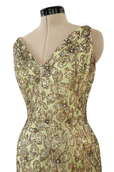 Incredible 1950s Mignon Densely & Heavily Beaded Green Silk Brocade Hourglass Dress
