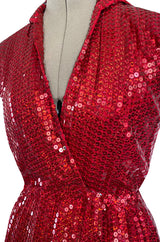 Iconic 1970s Halston Couture Glossy Red Sequin Full Length Wrap Dress w Plunge Front