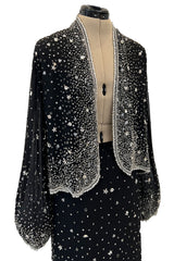 Gorgeous 1983 Halston Beaded Black Silk Chiffon Skirt & Jacket Set w Balloon Sleeves