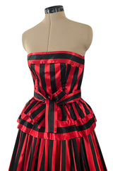Stunning 1970s Victor Costa Red & Black Striped Satin Finish Strapless Dress