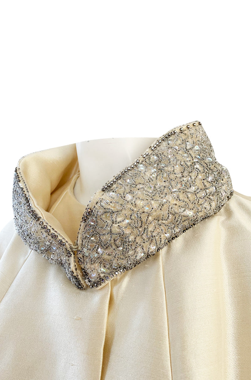 1960s Lillie Rubin Ivory Silk Coat Evening or Opera Coat w Silver Beaded Collar
