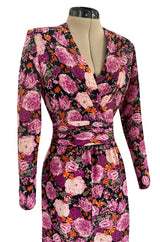 Pristine 1970s Jean-Louis Scherrer Haute Couture Pink Floral Print Silk Dress w Banded Waist
