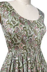 c.1954 Claire McCardell Green & Pink Print Cotton Sun Dress w Belt