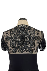 Stunning 1990s Valentino Black Silk Chiffon Dress w Sheer Beaded Net Bodice