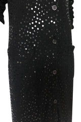 1970s Bill Blass Black Knit Wool Jersey & Silk Sequin Covered Cardigan Dress