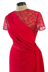 Stunning 2010s Valentino Supermodel Long Red Silk Crepe Dress w Illusion Lace Bodice