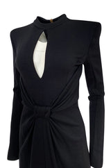 2010s Balmain Black Jersey Dress w Strong Shoulders, Front Knot & Keyhole