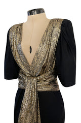 Spring 1986 Yves Saint Laurent Black Crepe & Jersey Dress w Gold Lame Front & Long Sash Belt