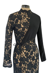 1990s Geoffrey Beene Black Ribbon Net Lace Dress w Nude Interior & Tied Panel Detailing