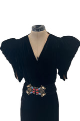 Incredible 1930s Black Silk Velvet Wrap Bias Cut Dress w Elaborate Metal & Bead Belt