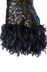 1970s Strapless Black Sequin Micro Mini Dress w Feather Hem