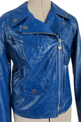 Fantastic 1990s Moschino Jeans Bright Blue Patent Faux Leather Motorcycle Jacket