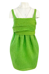 Spring 1988 Christian Lacroix Luxe Label Demi-Couture Lime Green Puff Silk Dress W Changeable Panel