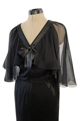 First RTW Collection Fall 1983 Chanel by Karl Lagerfeld Black Caped Bodice Silk Chiffon Dress
