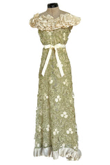 Early 1960s Carven Couture Pale Green Silk Organdy Embroidered Cut Out Dress