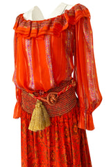 Late 1970s Oscar De La Renta Ribbon Silk Chiffon Four Piece Coral Skirt Set