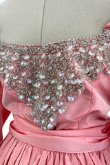 Prettiest 1970s Richiline Iridescent Pink Silk Dress w Pouf Sleeves & Rhinestone Details